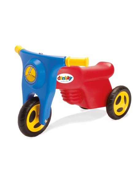 Blåt trehjulet køretøj til børn med gule håndtag og røde hjul