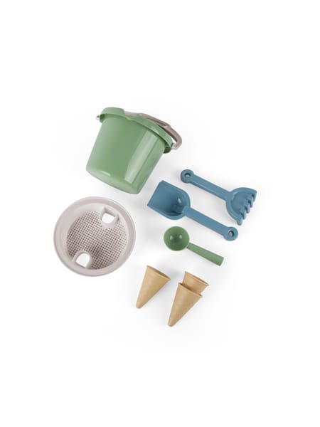 Grønt og blåt legetøjssandsæt med hvid si og to isvafler