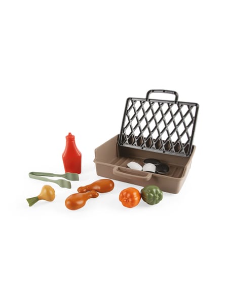 Legetøjsgrill-sæt med brun base og sort rist samt tilbehør som pølser, grøntsager og ketchupflaske.