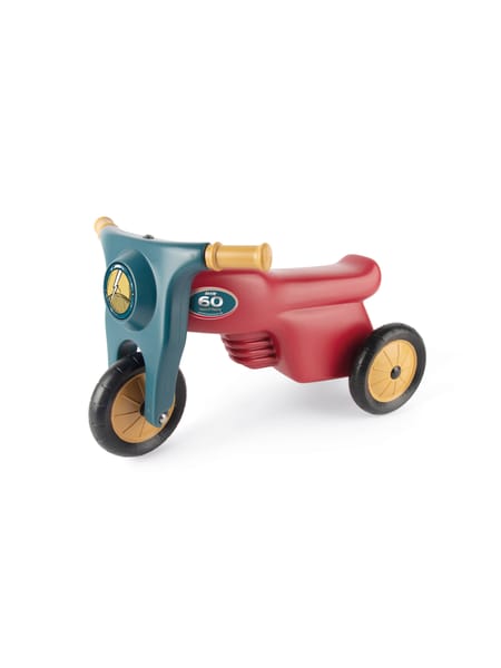 Rød og blågrå trehjulet børnemotorcykel med gule hjul