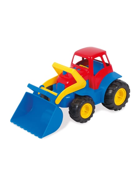 Rød og blå legetraktor med gul frontlæsser og store hjul