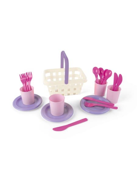 Lyserødt og lilla legetøjspicnicsæt med kurv, tallerkener og bestik til børn