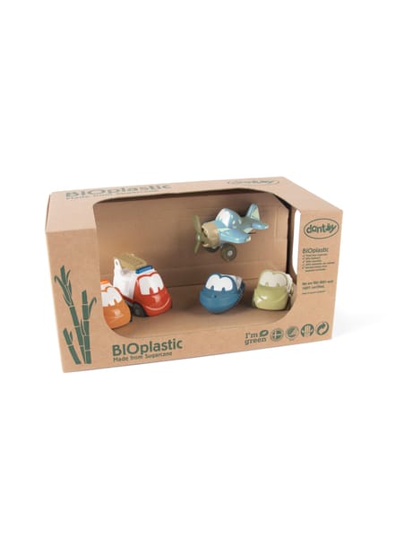 Fem små biler i naturlige farver præsenteret i brun produktæske med gennemsigtigt vindue.