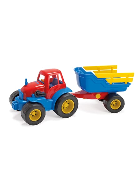 Rød traktor med blå og gul hænger på hvid baggrund