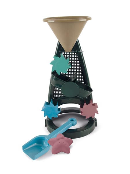 Sandmølle med tragt i beige samt mølleskiver i mint, lyseblå og lyserød.