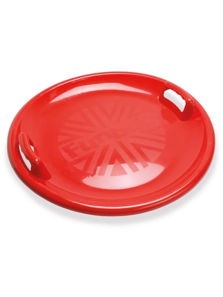 Person på rød kælk glider ned ad snedækket bakke om vinteren