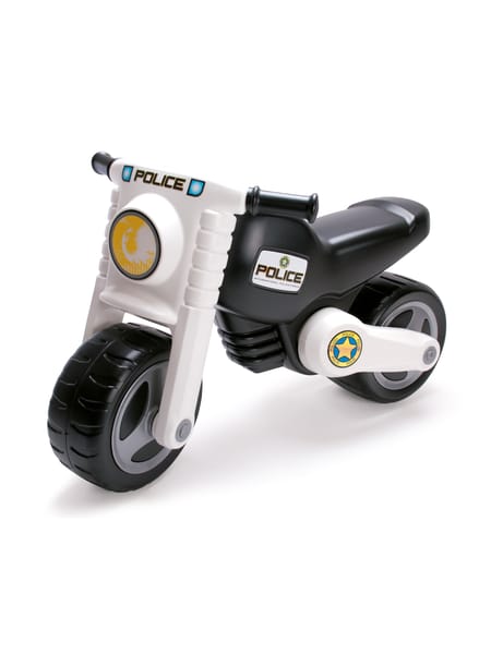 Hvid og grå tohjulet legemotorcykel med sorte dæk og rundt gult lys foran