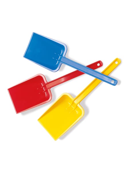 Tre sandlegeskovle i primærfarverne blå, rød og gul