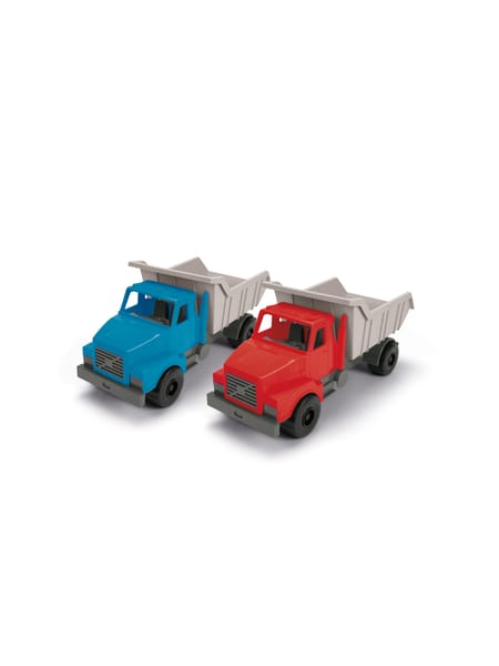 Blå lastbil med grå tipkasse på hvid baggrund.