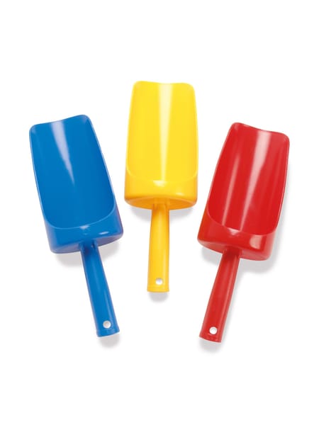 Tre isvandslignende skovle i blå, gul og rød med håndtag