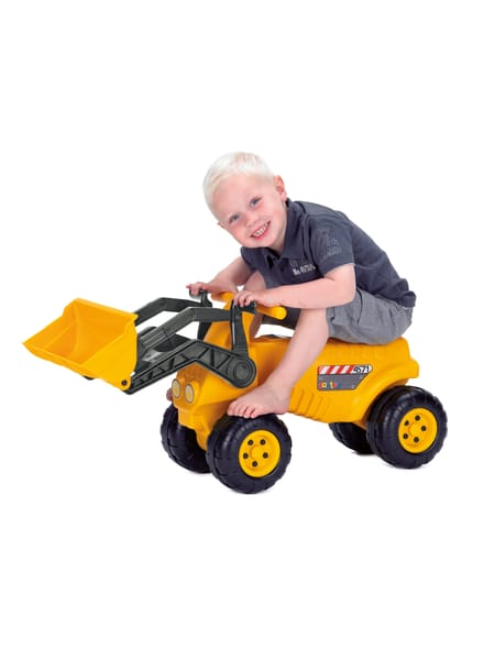 Hvid produktæske med orange gravemaskine og byggekøretøjer illustreret på siden