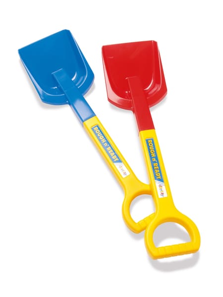 To sandlegeredskaber med blå og rød skovl på gule håndtag