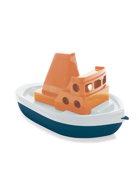 Orange og marineblå legetøjsbåd med førerhus og hvidt dæk.