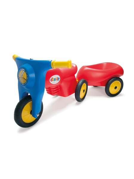 Rød og blå trehjulet legetøjsmotorcykel med gule hjul og påhængsvogn