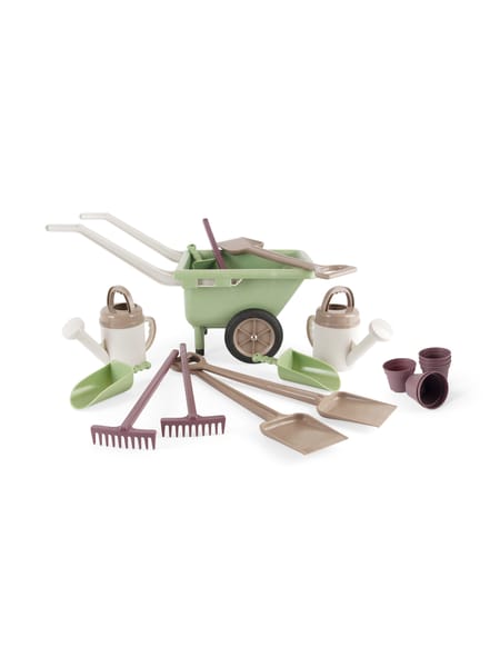 Grøn havevogn med haveværktøj og tilbehør til sandleg og plantning.