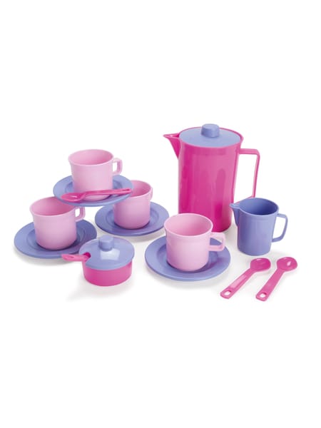 Børn ved bord med lyslilla og lyserøde kopper og tallerkener til teselskab