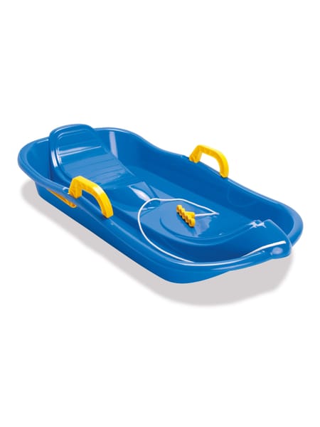 Blå kælk med gule håndtag og bremsesystem til børn