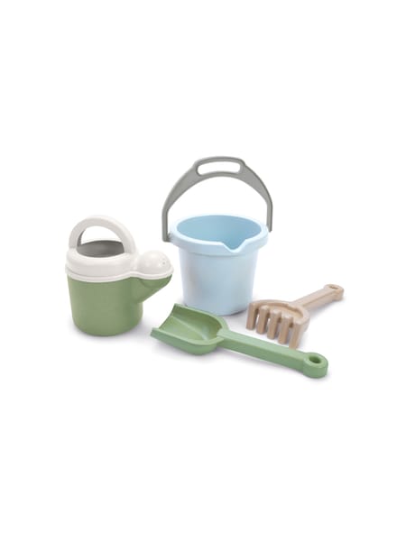 Havesæt til børn med lyseblå spand og grønne haveredskaber i brun produktemballage.