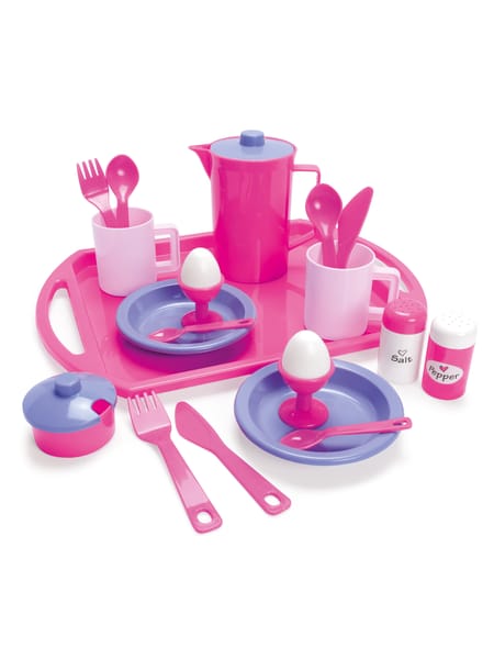 Lyserød legetøjsbakke med blåt service og tilbehør til morgenmad