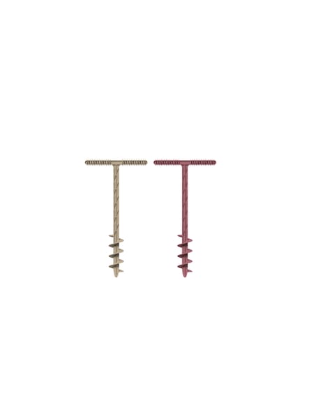 To jordspyd i beige og bordeauxrød farve