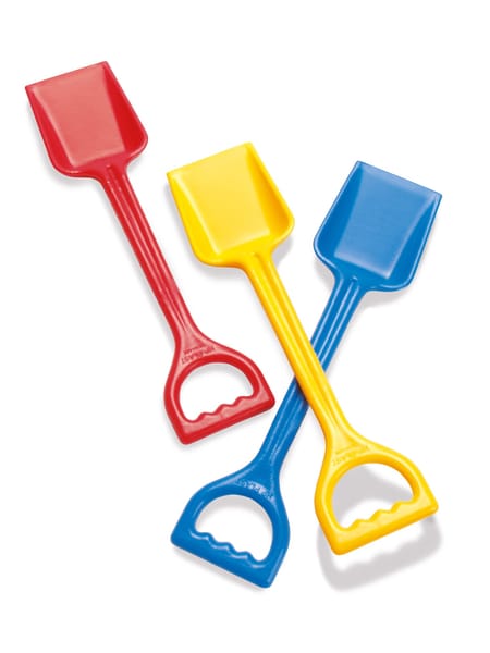 Tre skovle i primærfarverne rød, gul og blå med håndtag