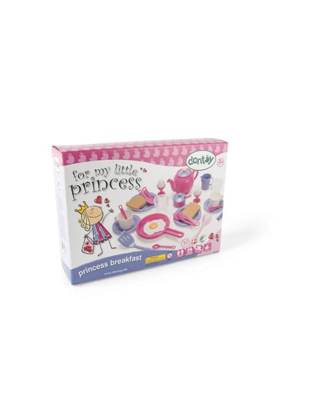 Rosa og lilla legetøjssæt med tallerkener, kopper og køkkenredskaber til morgenmadslege.