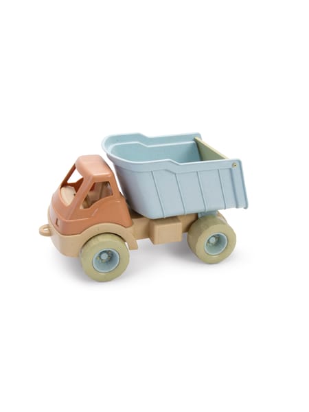 Lyserød lastbil med blå tiplad og lysegrå hjul.