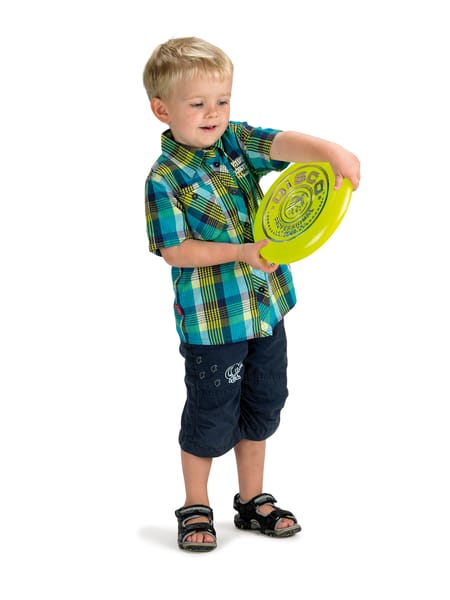 Tre runde frisbees i farverne gul, pink og sort på hvid baggrund.