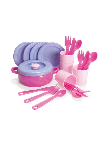 Lyserødt og lilla legetøjsspisestel med tallerkener og kopper i netpose med håndtag