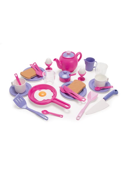 Lyserød legetøjsæske med morgenmadssæt til børn, dekoreret med prinsessetema