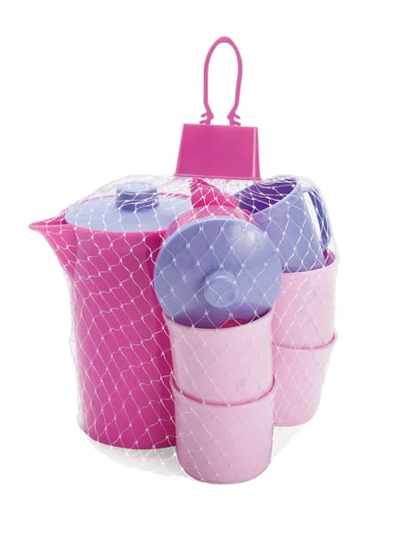 Lyserødt og pink kaffestel med tre kopper og kande i bæretaske med netmønster