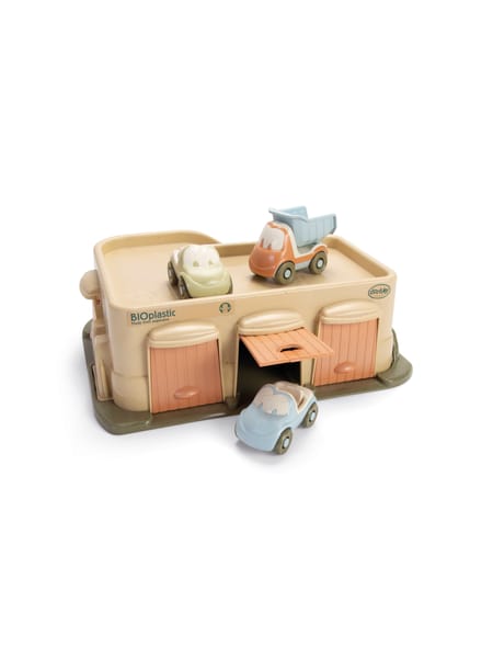 Beige garage-legetøj med lyseblå biler og peach-farvede døre på brun platform