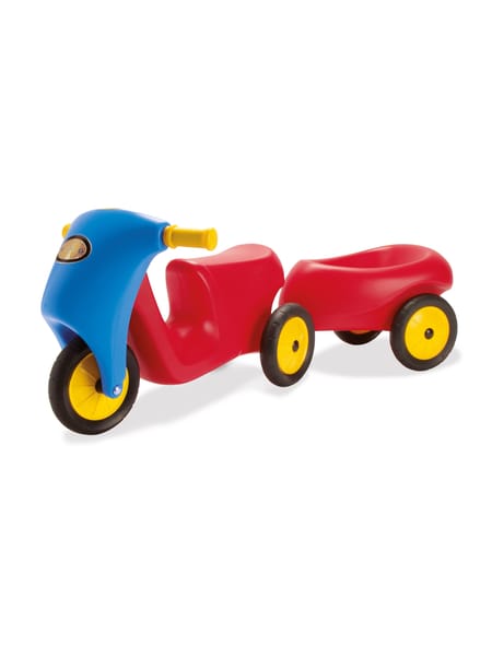 Rød og blå scooter med gule hjul til småbørn