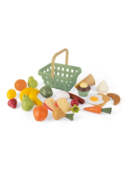 Grøn indkøbskurv med legemad: Frugt, grøntsager, brød og spejlæg i lyse farver