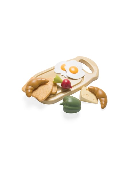 Juletræspynt formet som glasrør med spejlæg, bacon og grøntsager i beige og grønne nuancer.