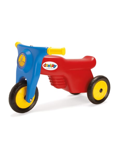 Rød og blå trehjulet motorcykel til børn med gule hjul