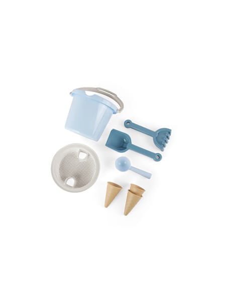 Lyseblåt legetøjsspandsæt med iskager og tilbehør i pastelfarver