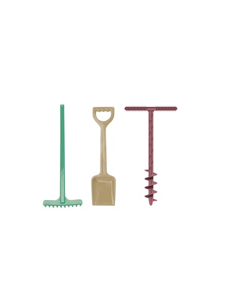 Tre haveredskaber til sandkasse i grøn, beige og rød.
