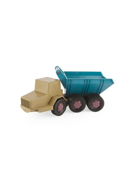 Gul lastvogn med turkis tippelad og seks hjul