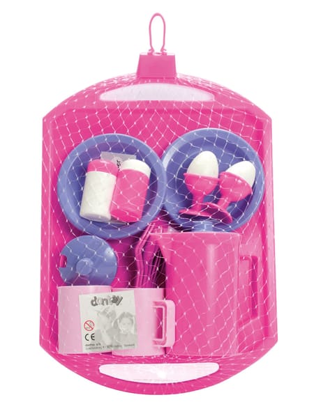 Rosa legetøjssæt med tallerkener, bestik og kande til børns rolleleg med morgenmad