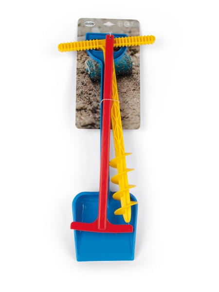 En rød og blå sandlegetøjssæt med gul tandhjulsfunktion og grå stang
