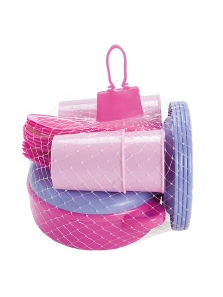 Lyserødt og lyseblåt børnespisestel med gryder, tallerkener og bestik i legetøjsstørrelse.