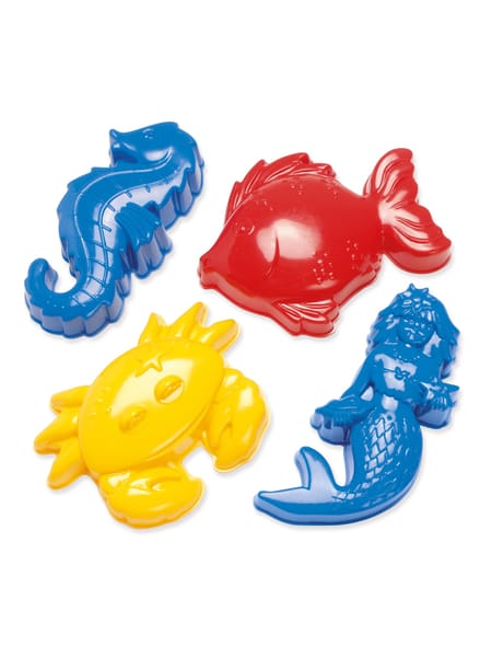Fire havdyr-figurer i blå, rød og gul - formet som søhest, fisk, krabbe og hval