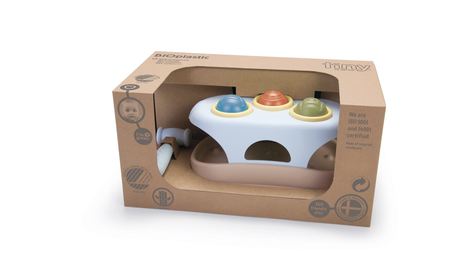 Hvidt hammerbræt med tre farvede kugler i blå, orange og grøn, præsenteret i brun æske.