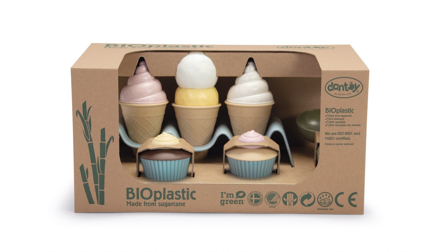 Seks små isanretninger i lyse pastelagtige farver præsenteret i brun æskeforsendelse.