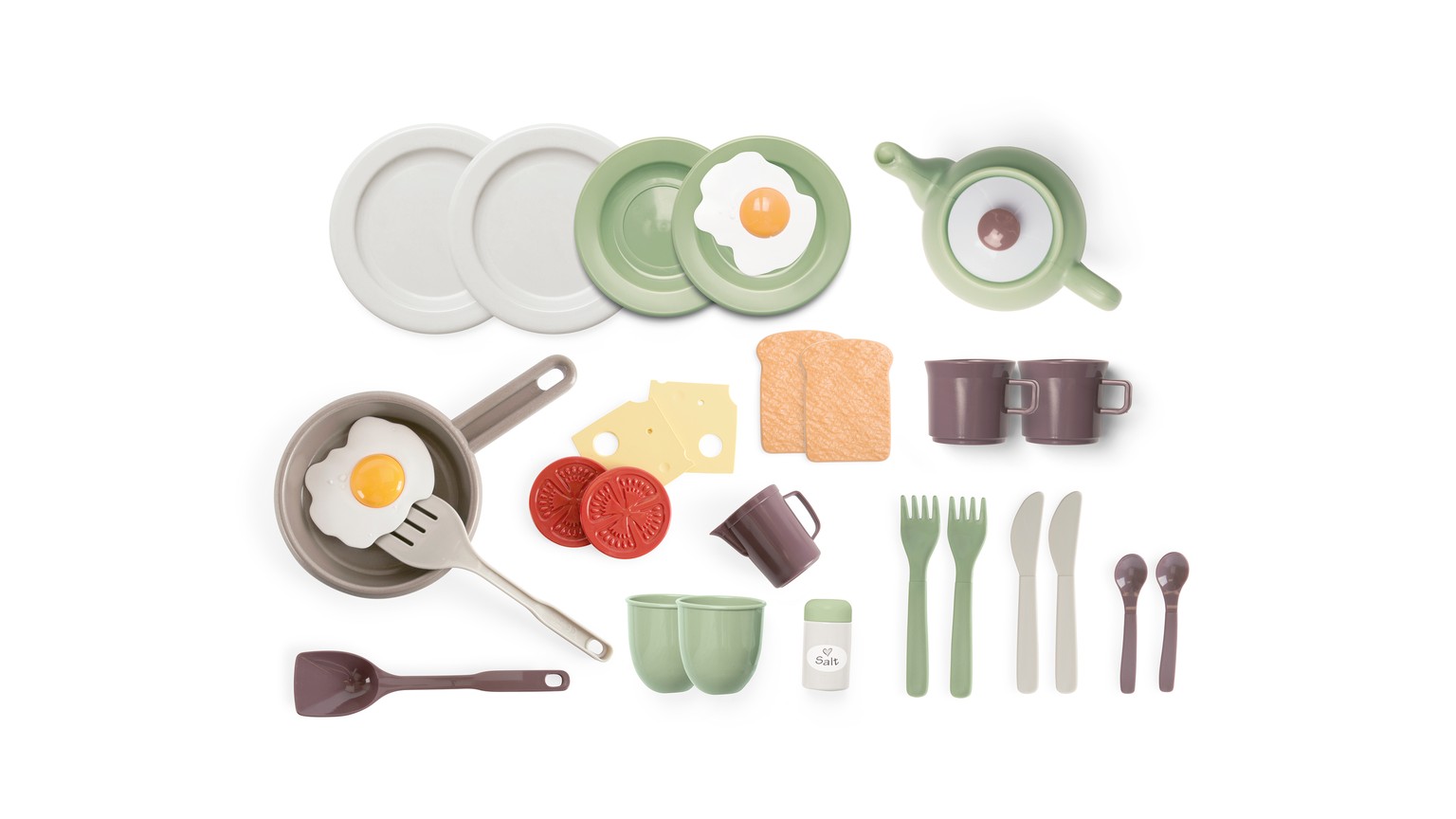 Køkkensæt med tallerkener, kopper, bestik og morgenmadsingredienser i grønne og hvide nuancer.
