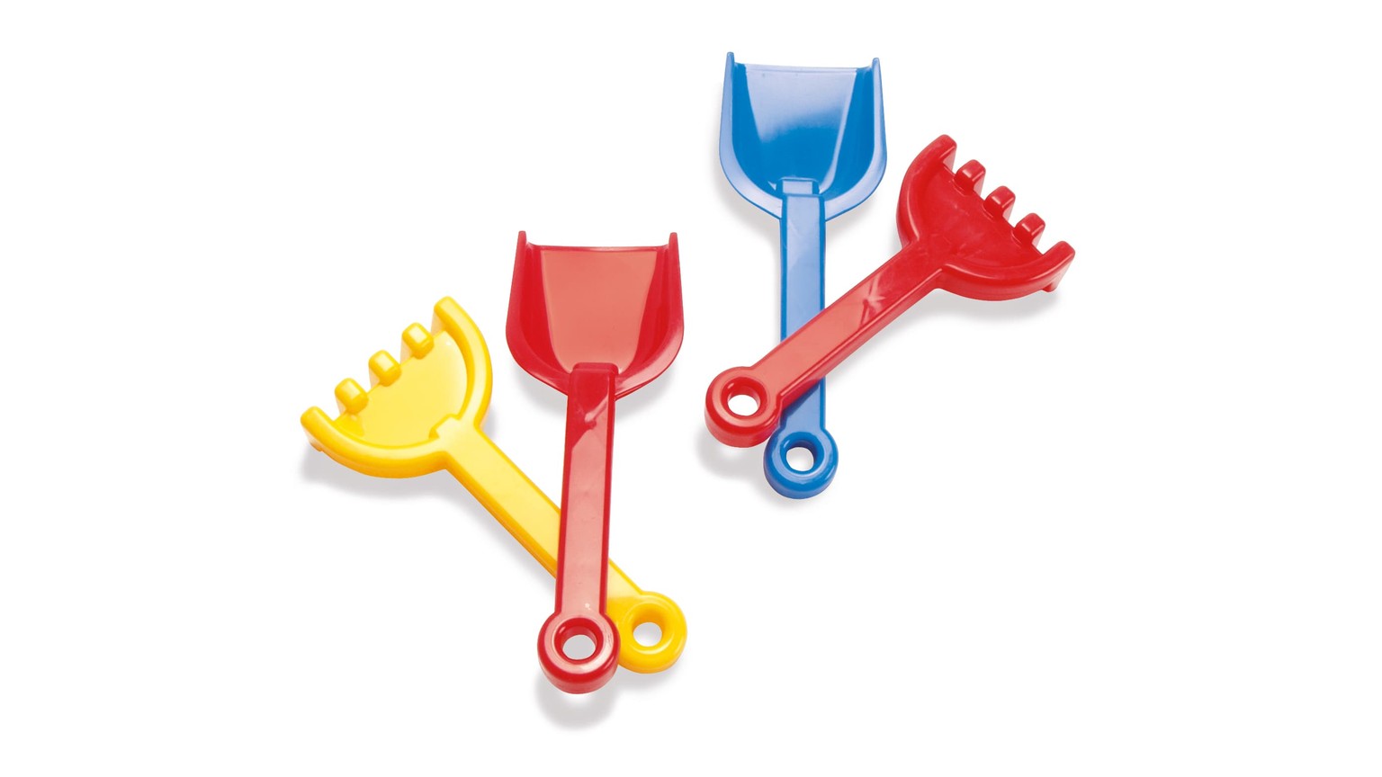 Tre farverige sandlegetøjsskovle i rød, blå og gul med korte håndtag