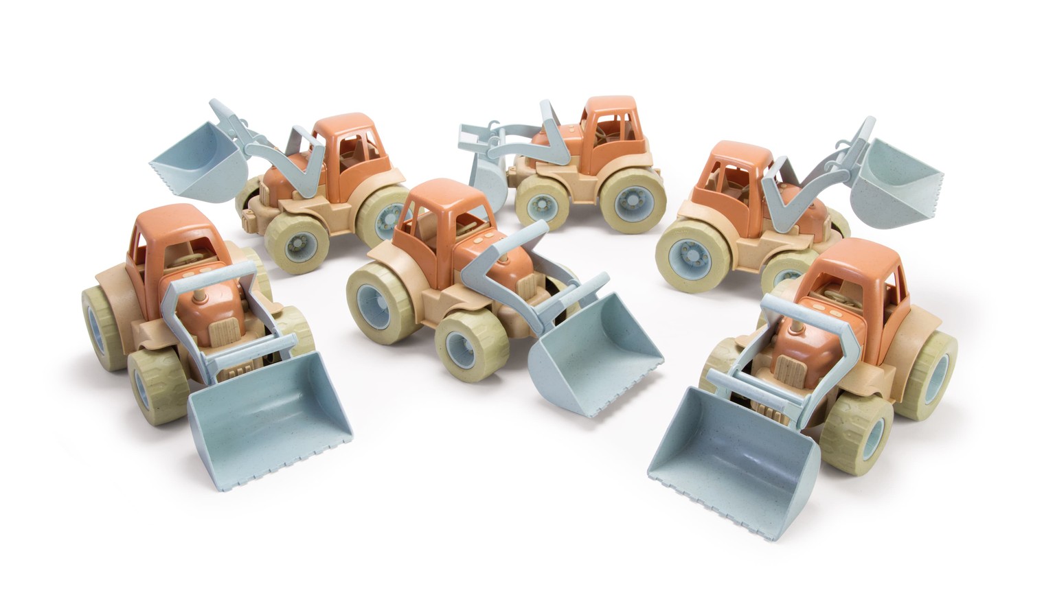 En samling små orange traktorer med blå skovle arrangeret i cirkel.