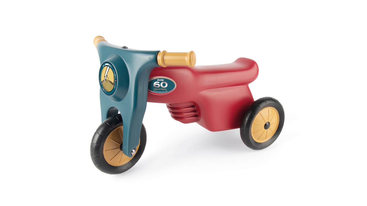 Rød og blågrå trehjulet børnemotorcykel med gule hjul