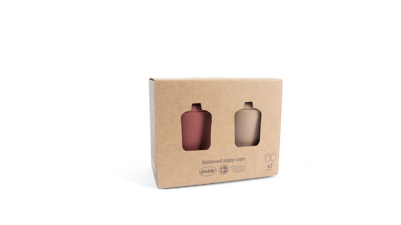 Brun papæske med to tudekopper i rødlig og beige farve vist på neutral baggrund.